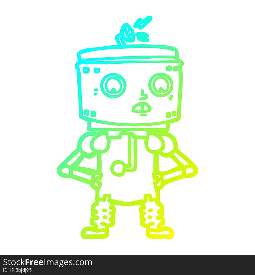 cold gradient line drawing of a cartoon robot with hands on hips