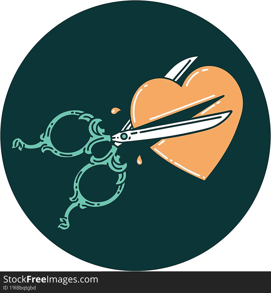 tattoo style icon of scissors cutting a heart