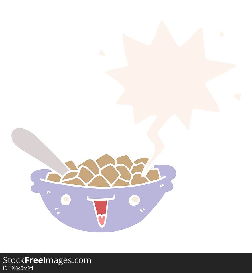 cute cartoon bowl of cereal and speech bubble in retro style