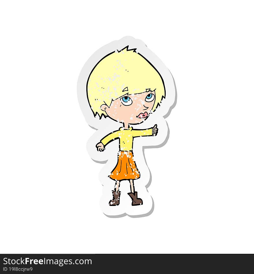 Retro Distressed Sticker Of A Cartoon Woman Giving Thumbs Up Symbol