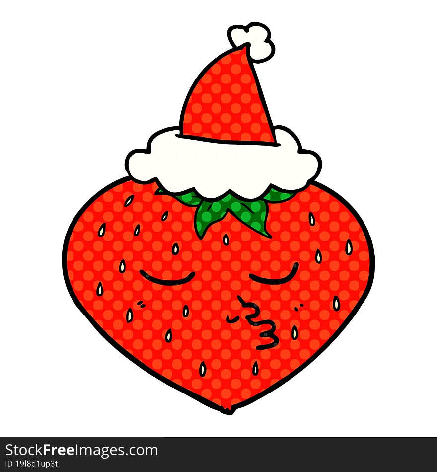 hand drawn comic book style illustration of a strawberry wearing santa hat