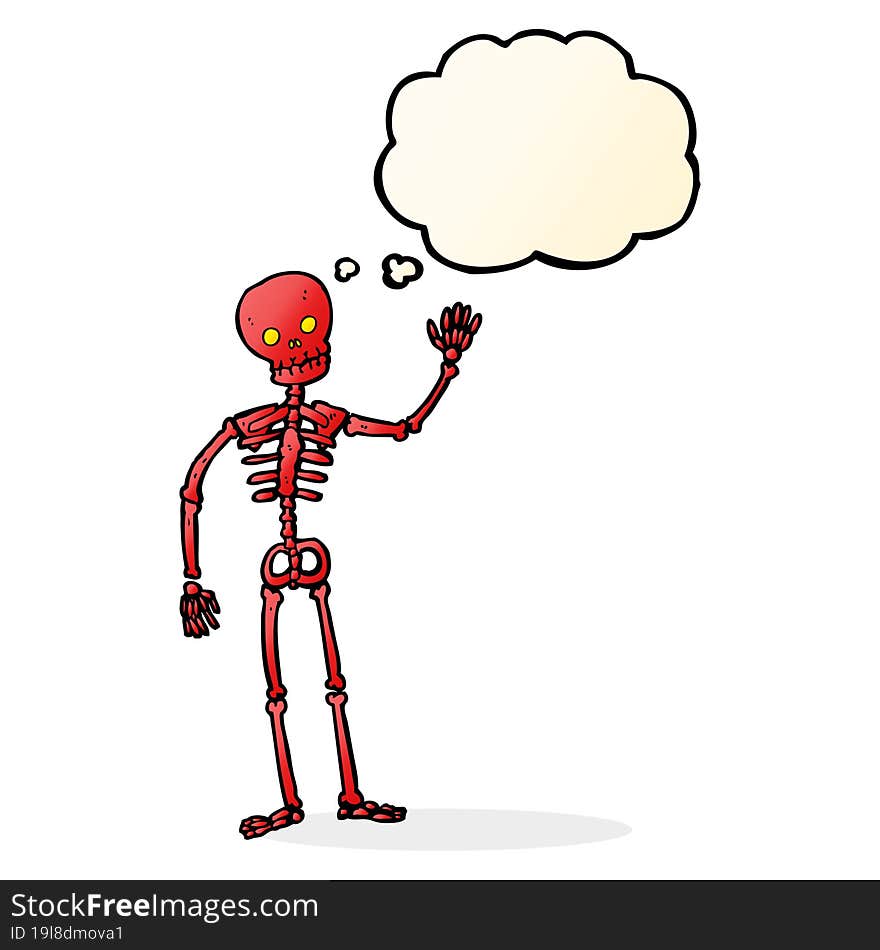 cartoon waving skeleton with thought bubble