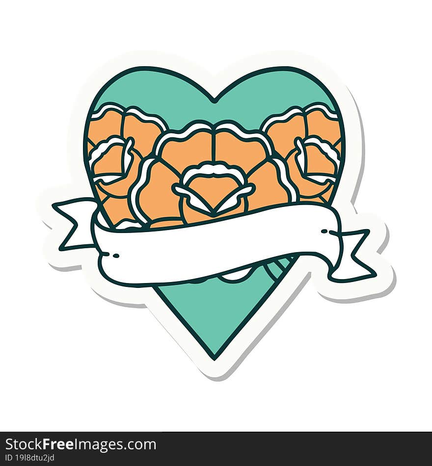 Tattoo Style Sticker Of A Heart And Banner With Flowers