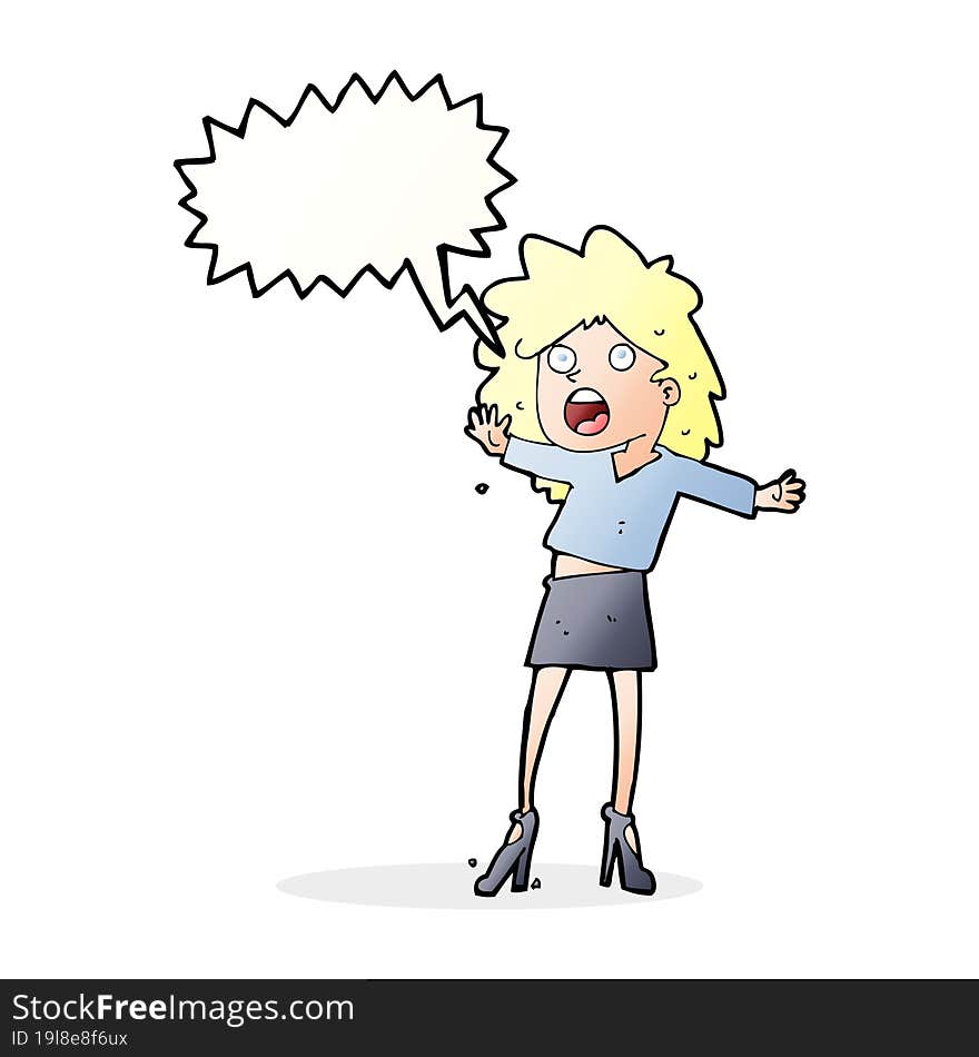 cartoon woman having trouble walking in heels with speech bubble