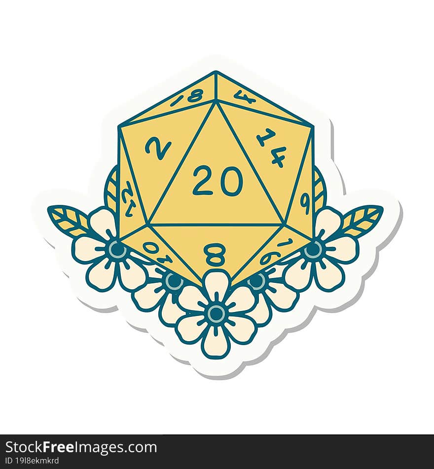 Natural 20 D20 Dice Roll With Floral Elements Sticker