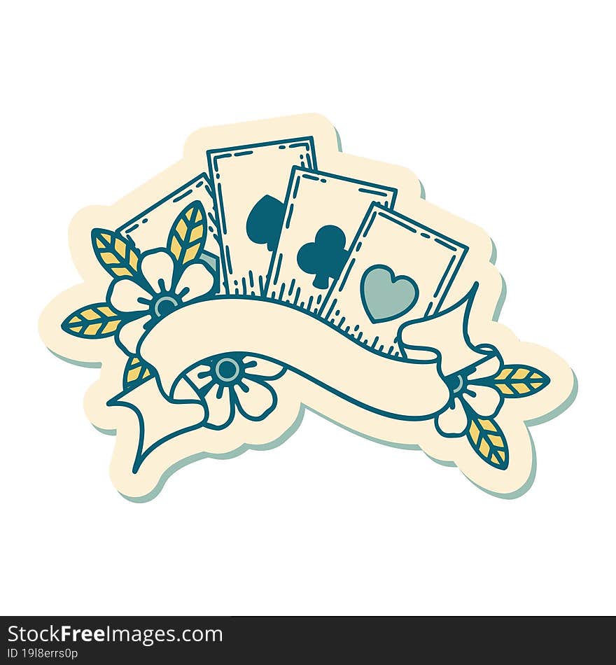 Tattoo Style Sticker Of Cards And Banner