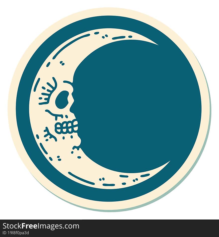 sticker of tattoo in traditional style of a skull moon. sticker of tattoo in traditional style of a skull moon