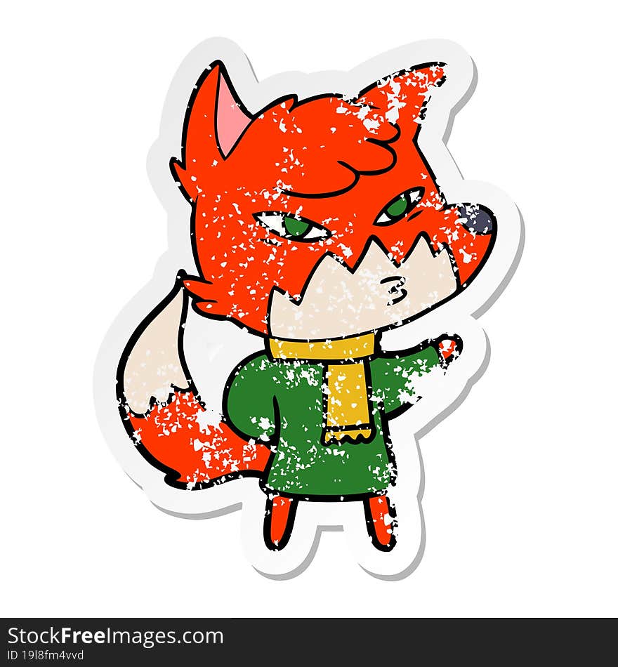 distressed sticker of a clever cartoon fox