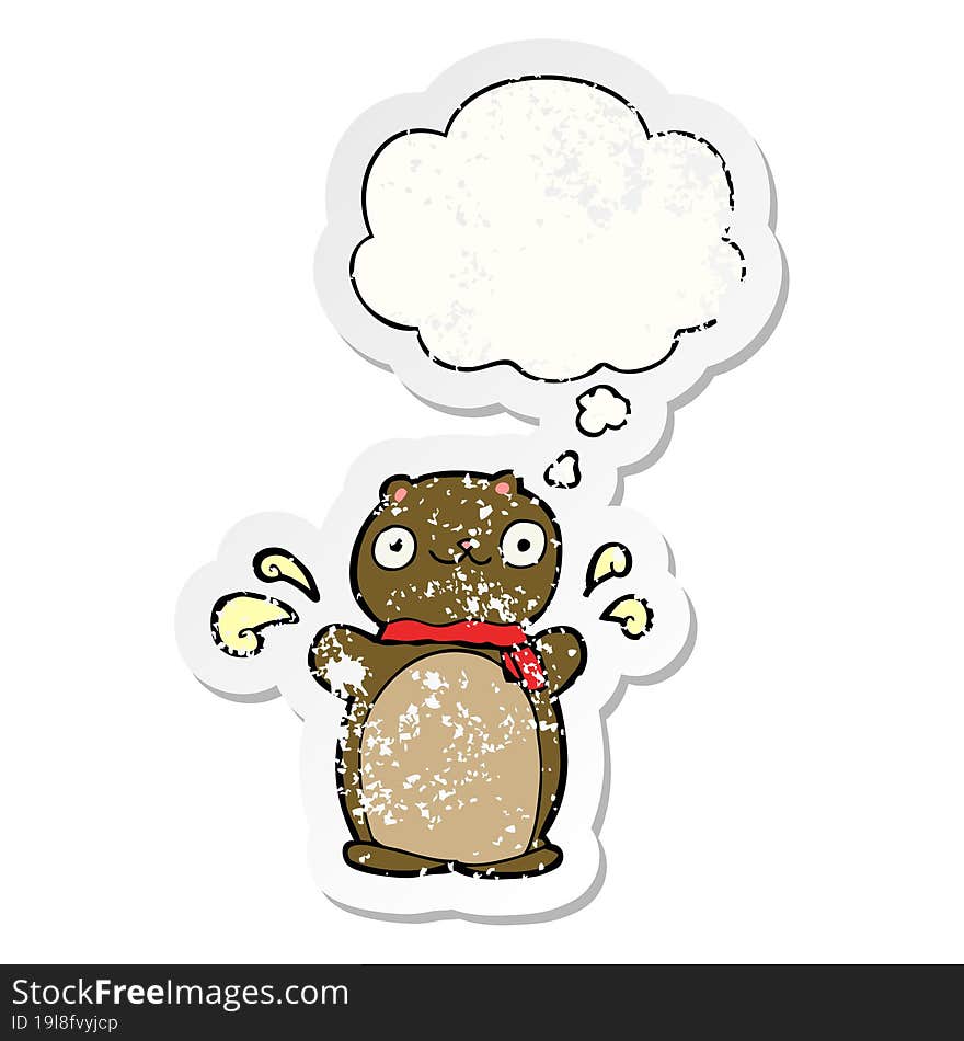 cartoon happy teddy bear with thought bubble as a distressed worn sticker