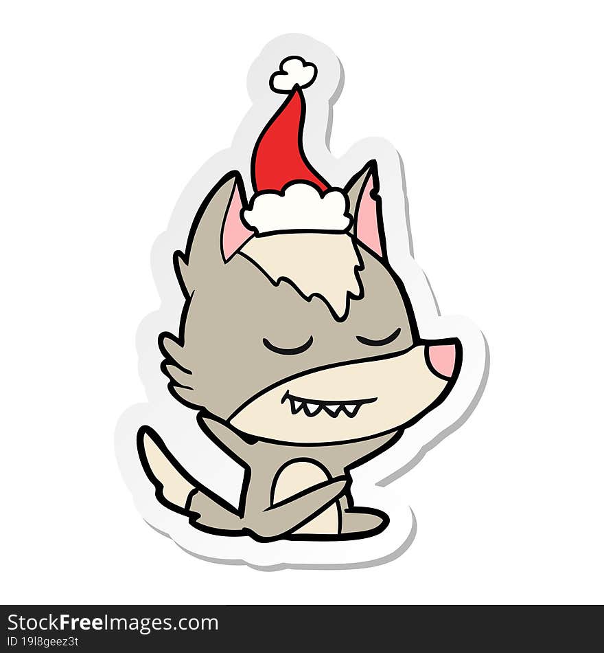 friendly hand drawn sticker cartoon of a wolf sitting wearing santa hat. friendly hand drawn sticker cartoon of a wolf sitting wearing santa hat