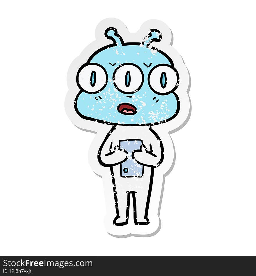 Distressed Sticker Of A Cartoon Three Eyed Alien