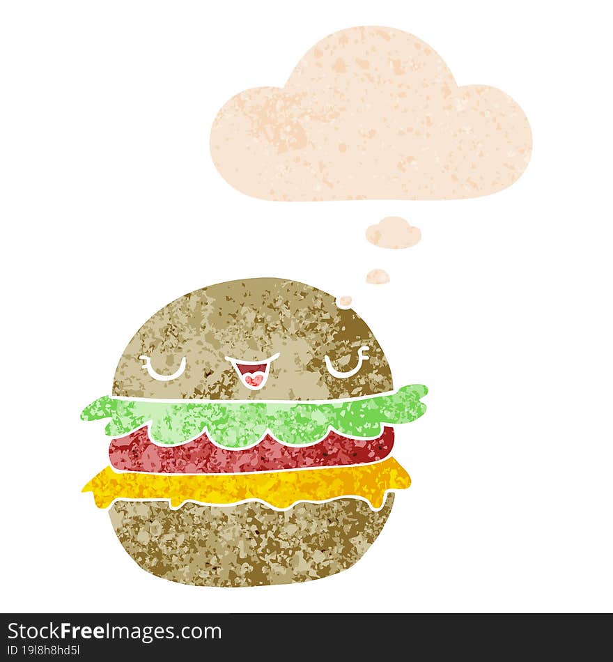 cartoon burger and thought bubble in retro textured style