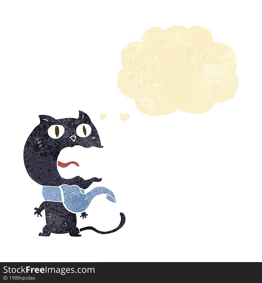 cartoon frightened cat with thought bubble