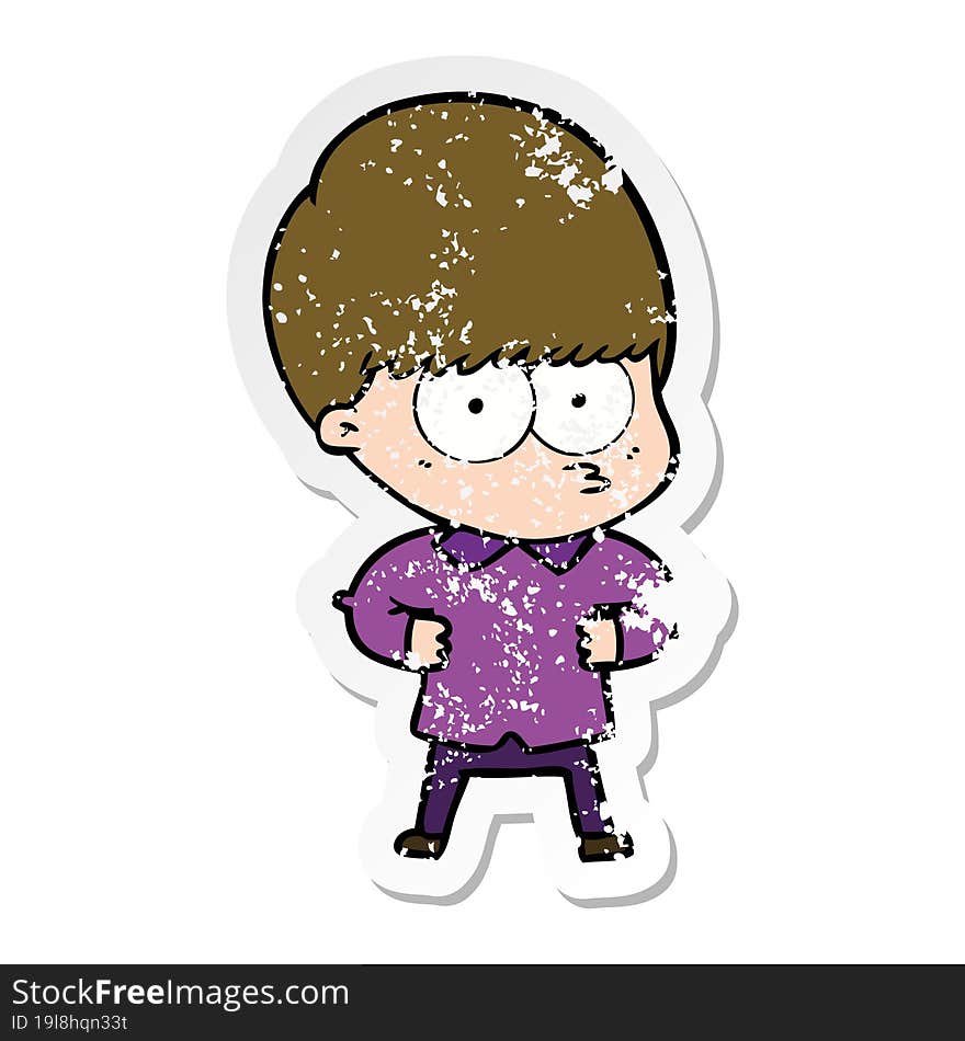 distressed sticker of a curious cartoon boy