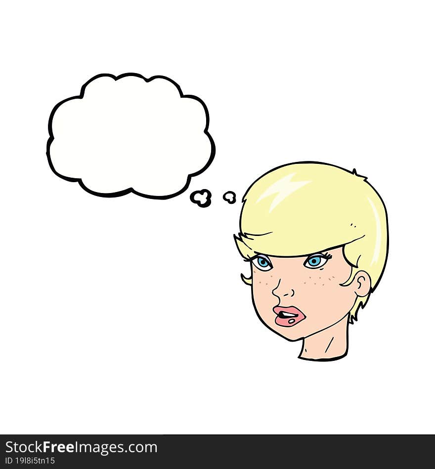 cartoon pretty female face with thought bubble