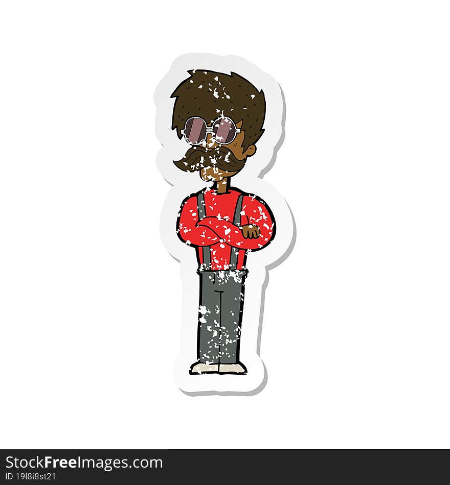 retro distressed sticker of a cartoon hipster man with mustache and spectacles