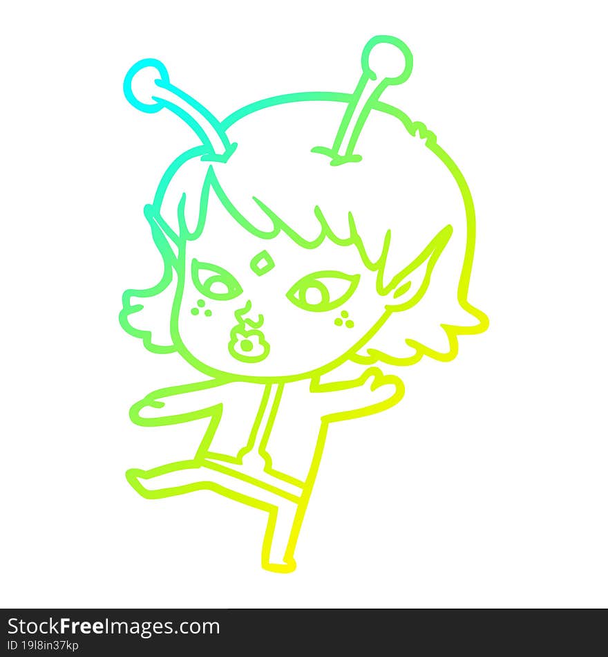 Cold Gradient Line Drawing Pretty Cartoon Alien Girl