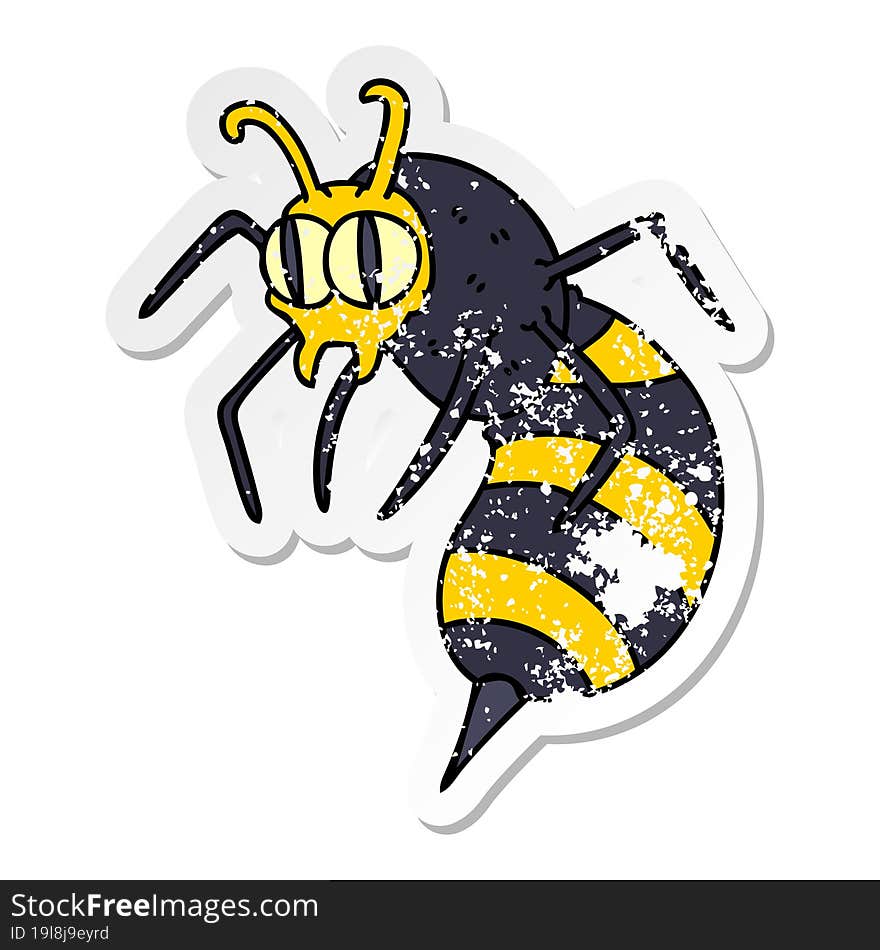 distressed sticker of a quirky hand drawn cartoon wasp