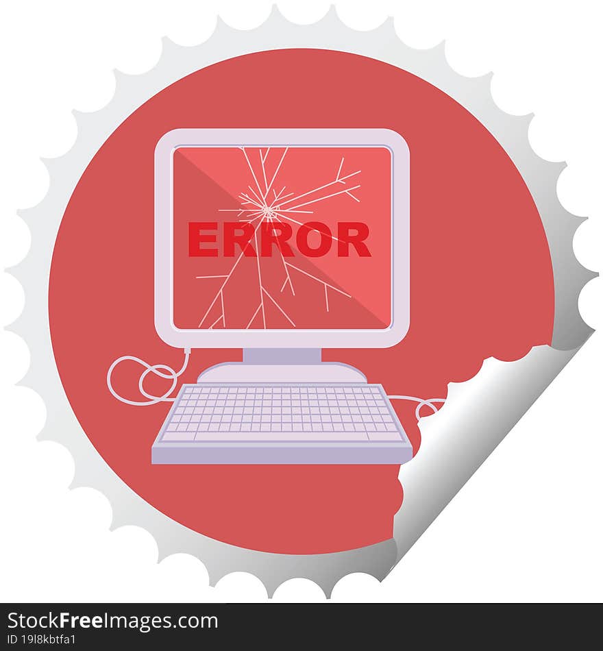 broken computer graphic vector illustration round sticker stamp. broken computer graphic vector illustration round sticker stamp