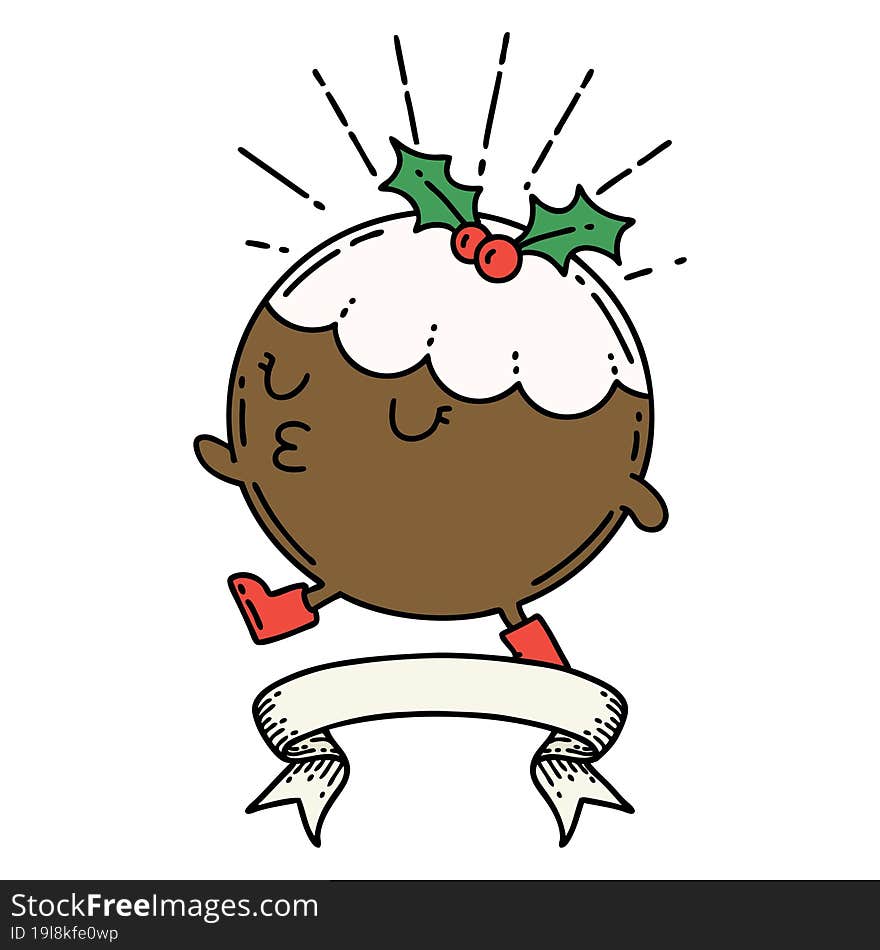 banner with tattoo style christmas pudding character walking