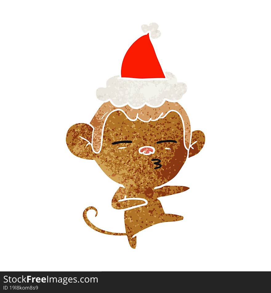 retro cartoon of a suspicious monkey wearing santa hat