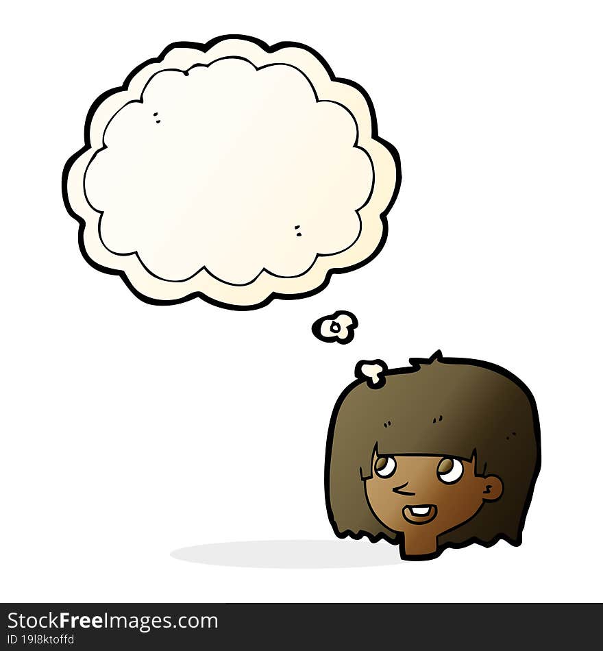 cartoon happy female face with thought bubble