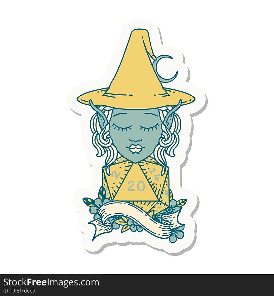 elf mage character with natural twenty dice roll sticker