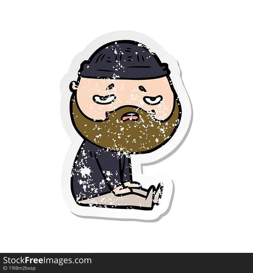 distressed sticker of a cartoon worried man with beard