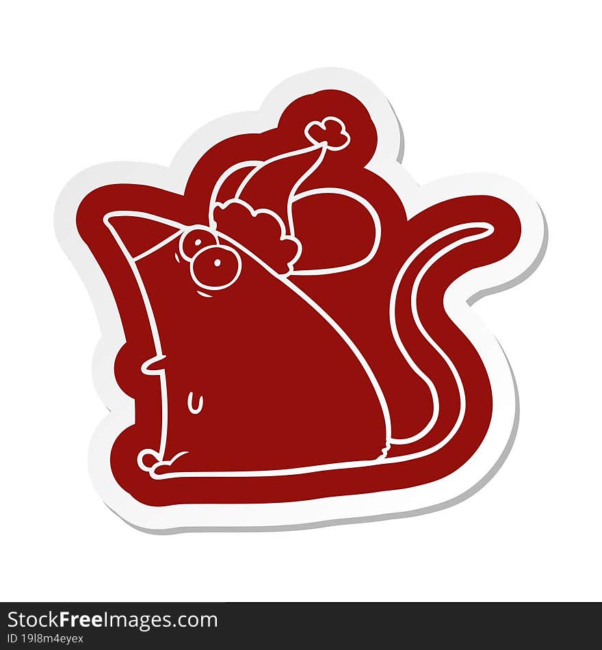 quirky cartoon  sticker of a frightened mouse wearing santa hat