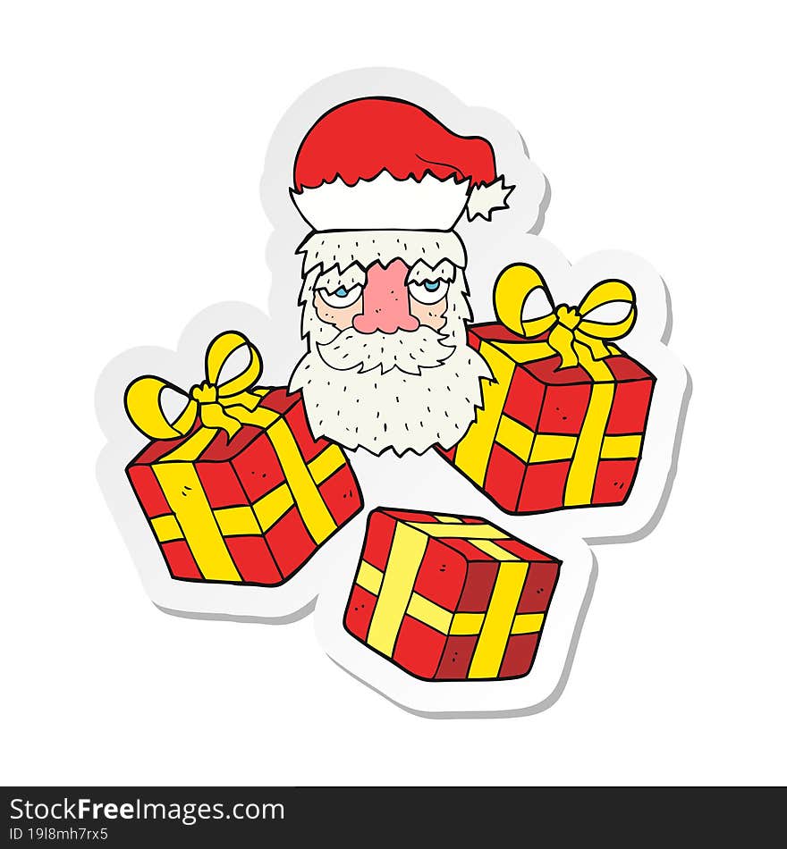 sticker of a cartoon tired santa claus face with presents