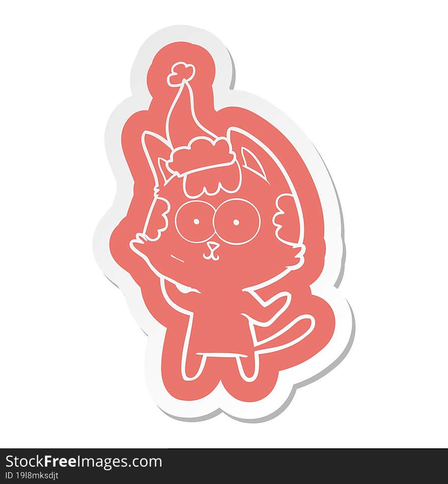 Happy Cartoon  Sticker Of A Cat Wearing Santa Hat