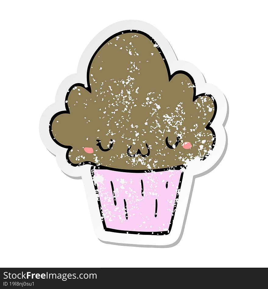 distressed sticker of a cartoon cupcake with face