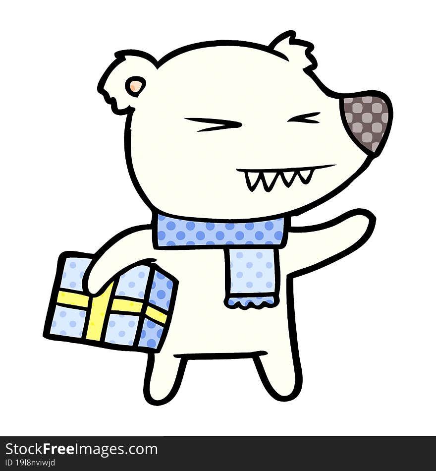 cartoon angry polar bear with xmas present. cartoon angry polar bear with xmas present