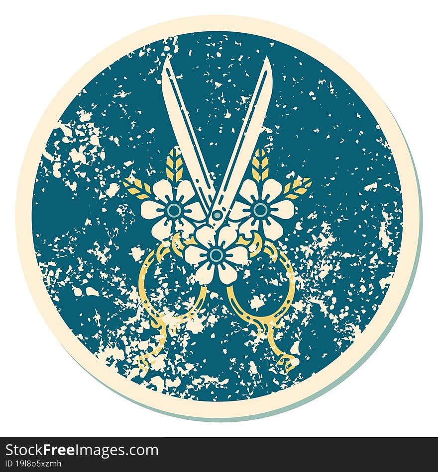 distressed sticker tattoo style icon of a barber scissors and flowers