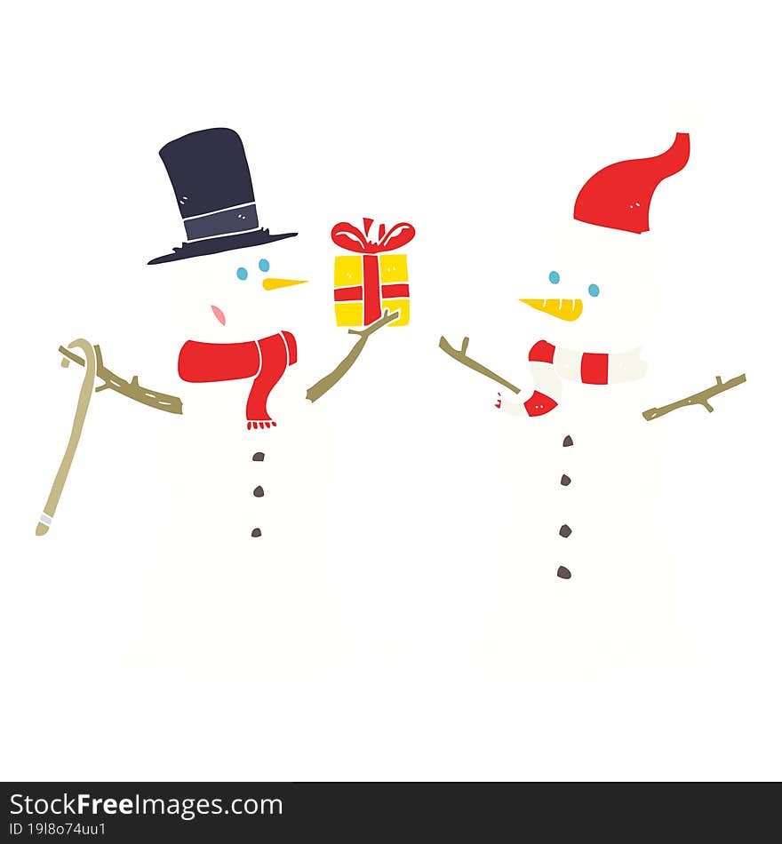 flat color illustration of a cartoon snowmen exchanging gifts