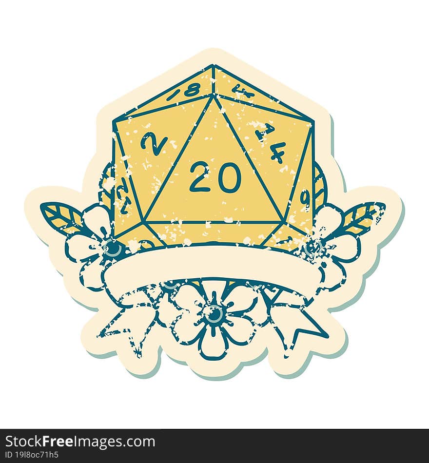 Retro Tattoo Style natural 20 critical hit D20 dice roll. Retro Tattoo Style natural 20 critical hit D20 dice roll