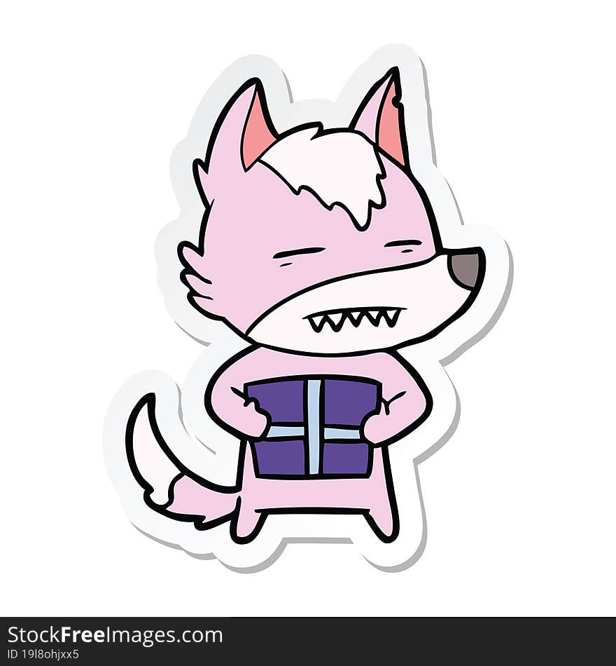 Sticker Of A Cartoon Wolf With A Gift