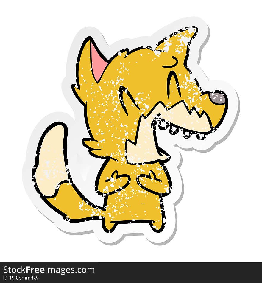 distressed sticker of a laughing fox cartoon