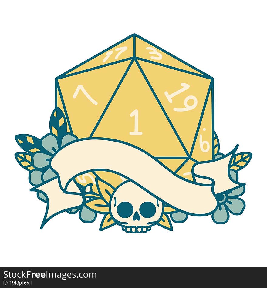 Retro Tattoo Style natural one d20 dice roll. Retro Tattoo Style natural one d20 dice roll