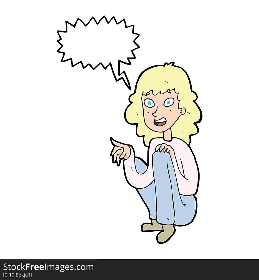 cartoon happy woman sitting and pointing with speech bubble