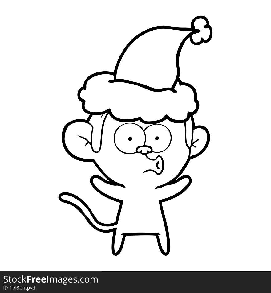 hand drawn line drawing of a surprised monkey wearing santa hat