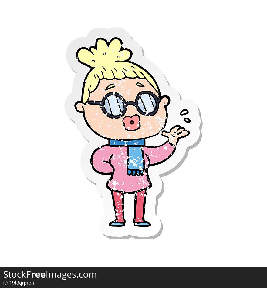 distressed sticker of a cartoon woman wearing spectacles