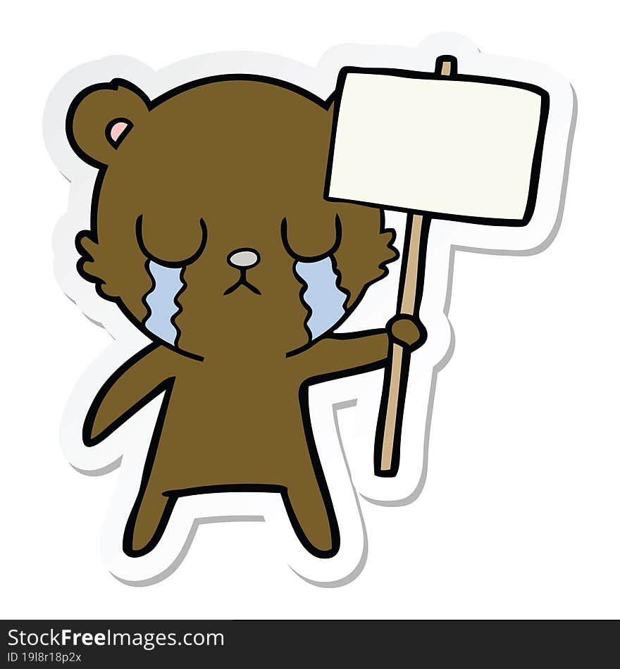 Sticker Of A Crying Cartoon Bear With Sign