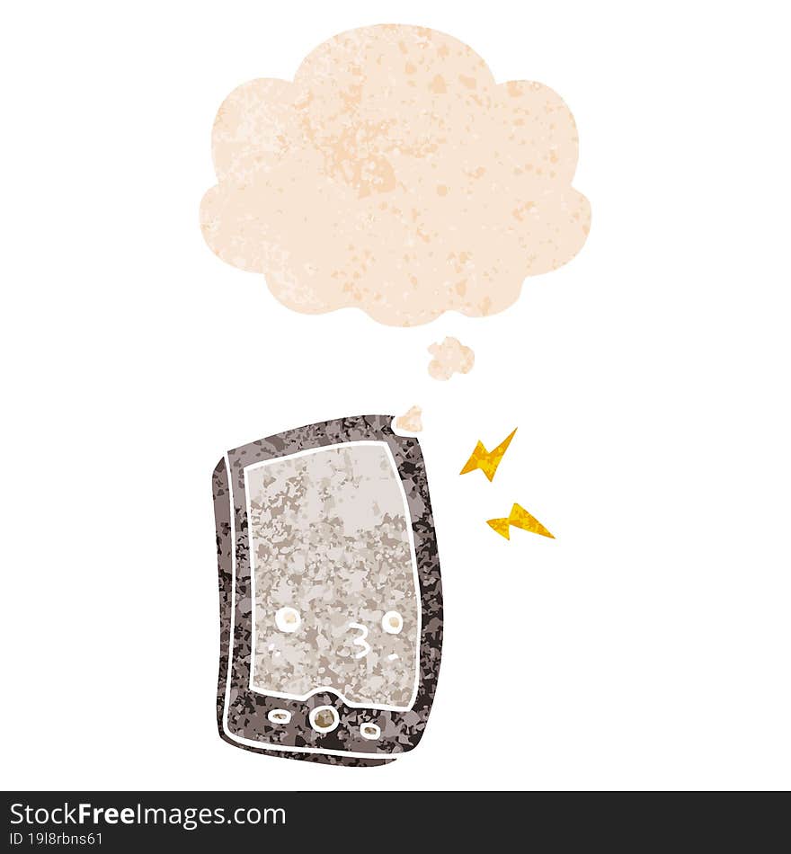 cartoon mobile phone and thought bubble in retro textured style