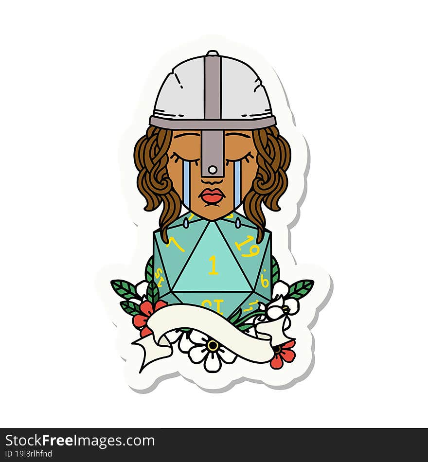 sticker of a crying human fighter with natural one D20 roll. sticker of a crying human fighter with natural one D20 roll