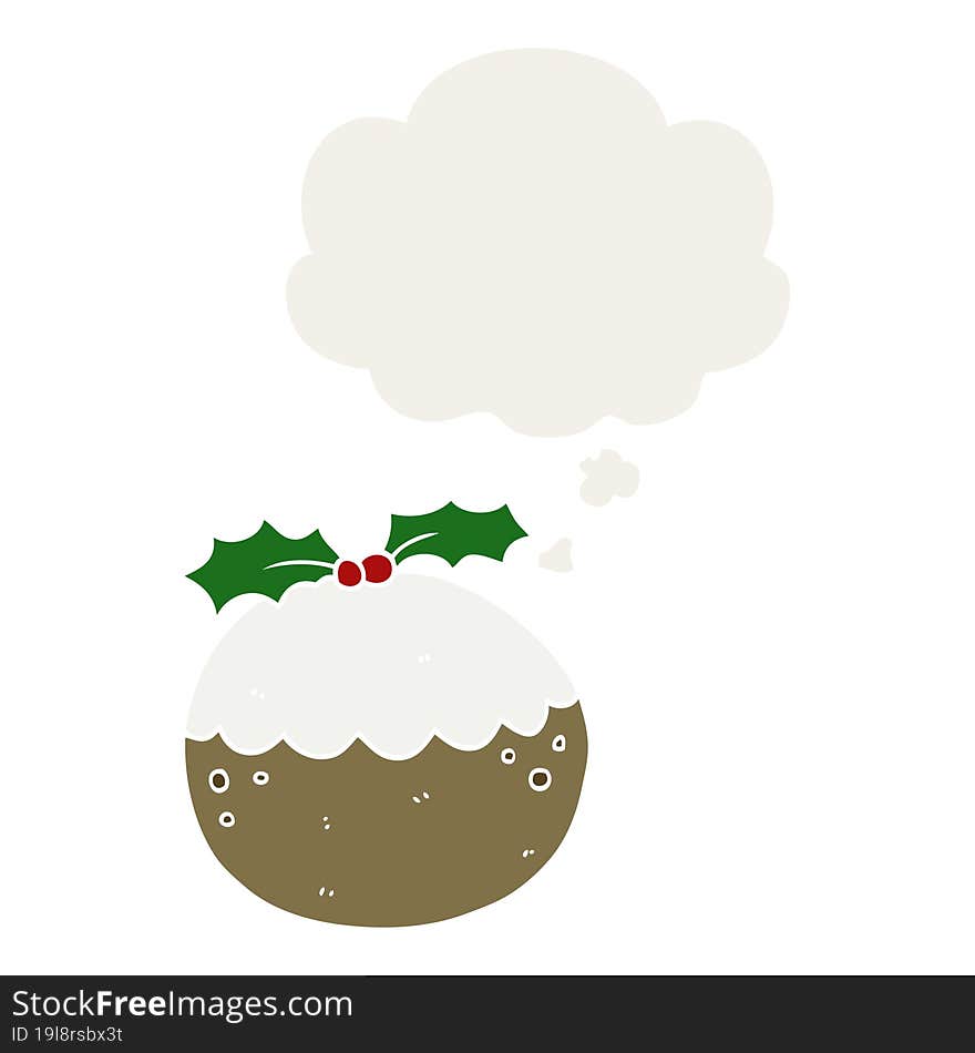 Cartoon Christmas Pudding And Thought Bubble In Retro Style