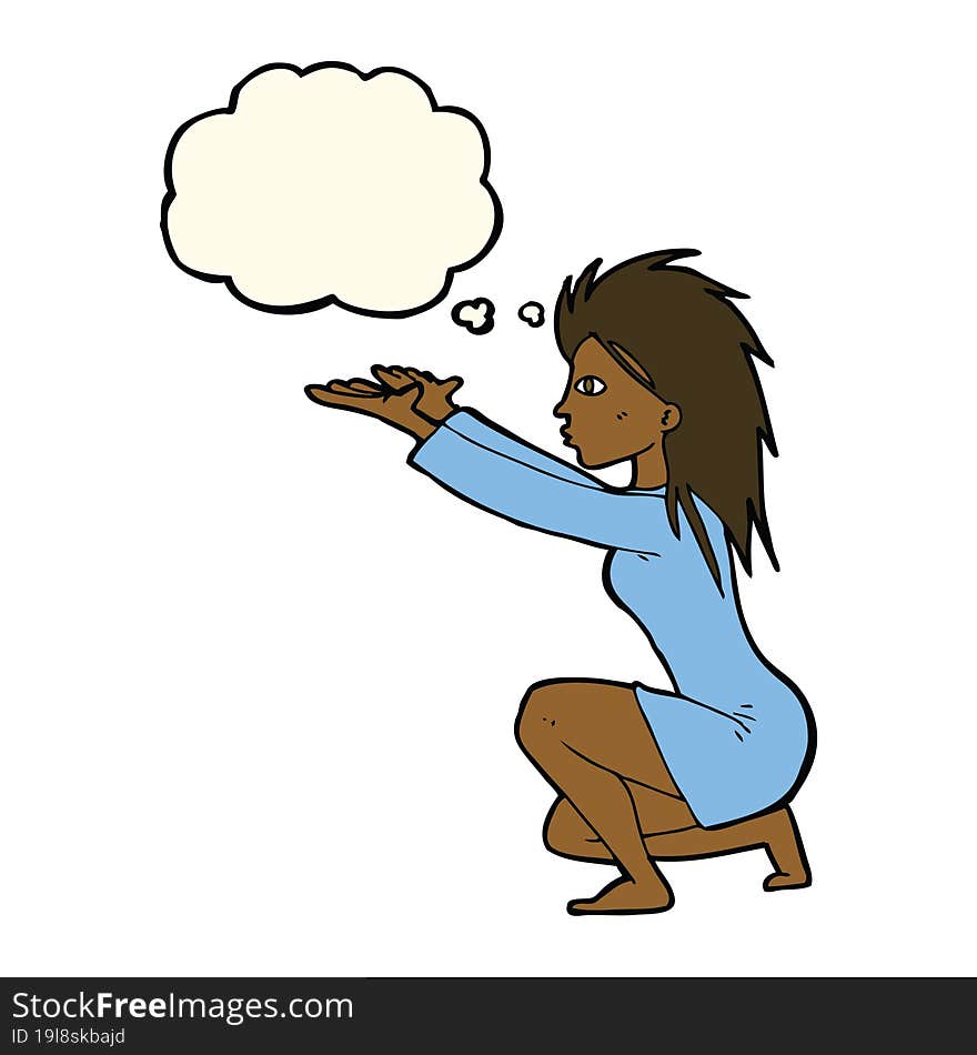 cartoon woman casting spell with thought bubble