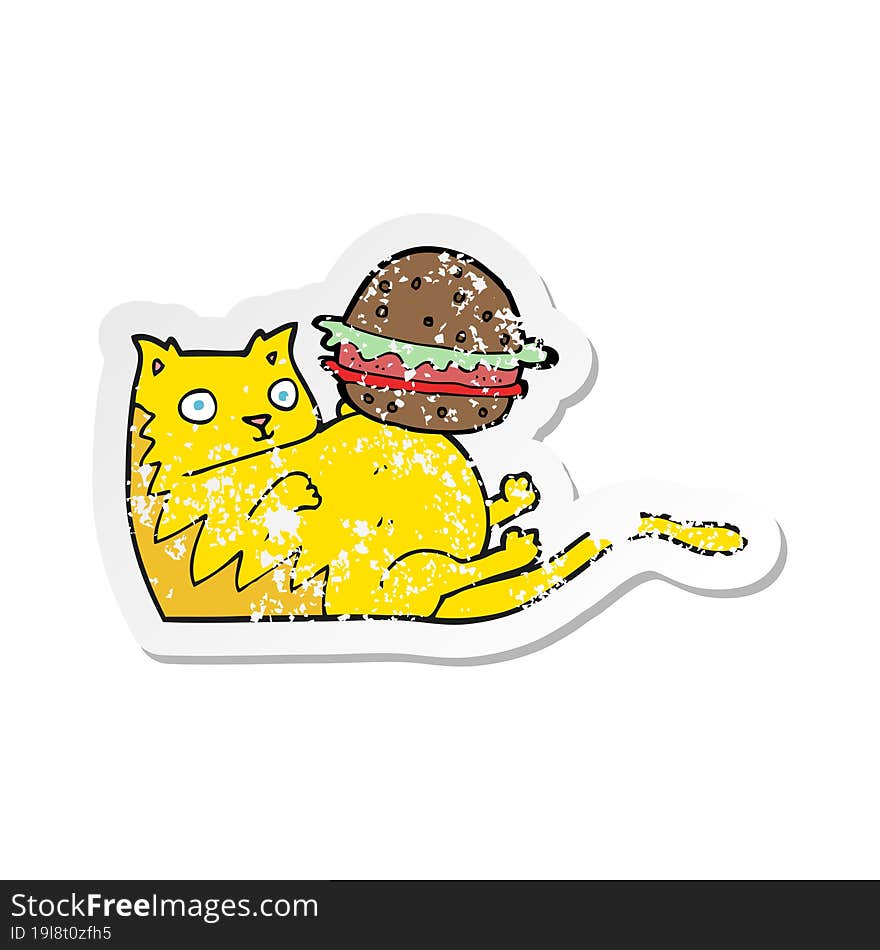 Retro Distressed Sticker Of A Cartoon Fat Cat With Burger