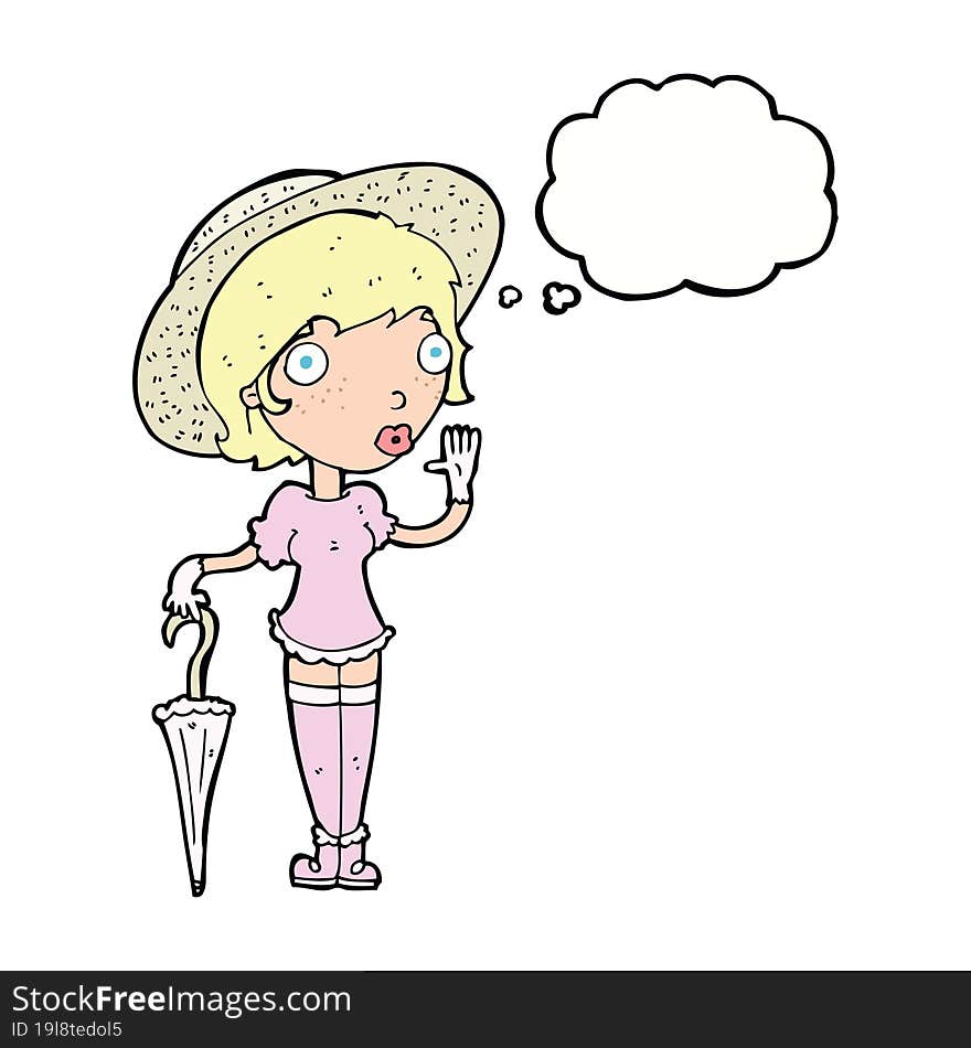 cartoon woman in summer hat waving with thought bubble