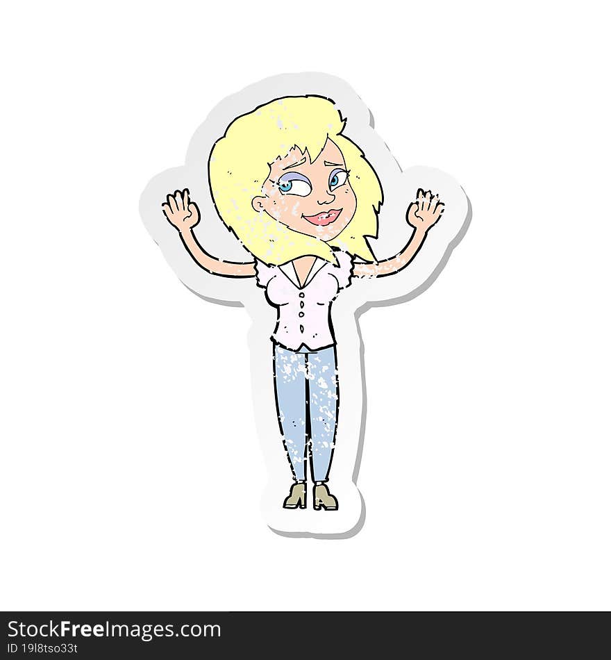 retro distressed sticker of a cartoon woman giving up